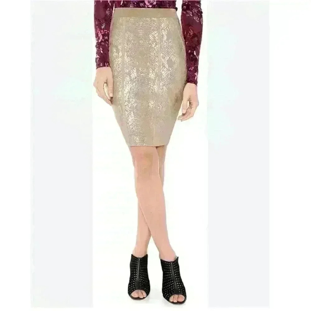 GUESS-Womens Metallic Snake Print Pencil Skirt Zip Up Beige Size Large NWT